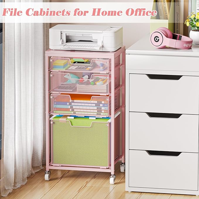 Sbanmao 4 Drawer Rolling File Cart Under Desk Storage, File Cabinets for Home Office, Mobile Filing Cabinet, Hanging File Organizer with Wheels, Utility Cart Printer Stand, Pink (Patent Pending)