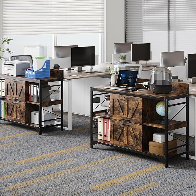 AesthLife 44" File Cabinet for Home Office, Wood Filing Credenza with Built-In Power Outlet, 2 Drawer File Cabinet with Lock, 4 Open Shelves, Metal Shelf, Adjustable Drawer fit to Legal/Letter/A4 Size