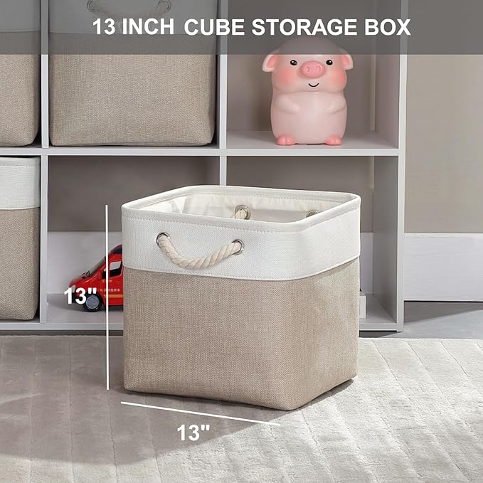 Mangata Canvas Storage Boxes, 13 Inch Cube Storage Bins Set of 6, Fabric Baskets with Cotton Rope Handle for Organizing Clothes Nursery Home (Khaki/White)