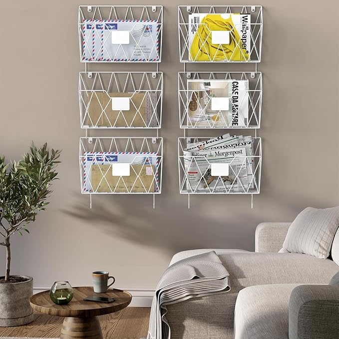 CADUKE 6 Pack Hanging Wall File Organizer Mesh Folder Holder Mail Magazine Organizer Wall Mounted with Hooks & Label Panels for Office Home, White