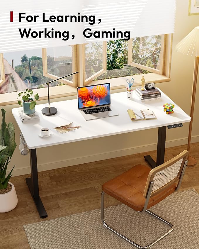SANODESK Electric Standing Desk 55 x 28 Inches Whole-Piece Desktop Height Adjustable Stand Up Desk w/6-Button Controller Ergonomic Computer Desk for Home Office, Black Frame + White Tabletop