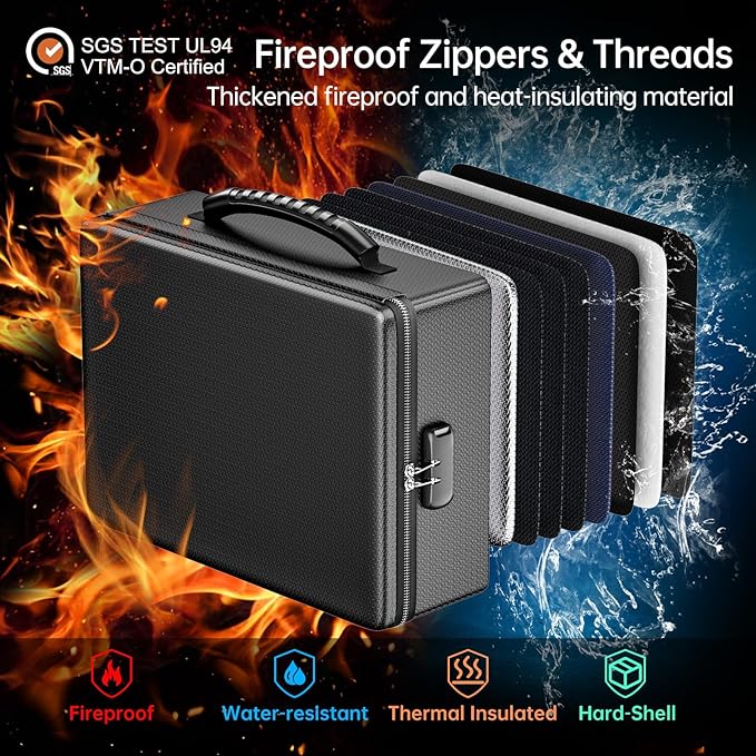 ENGPOW Fireproof Document Box, Hard Case File Box with Fireproof Zipper＆Lock, 6400°F Heat Insulated Fire and Water Resistant Portable File Organizer Storage Home Safe for Documents Laptop Cash Black