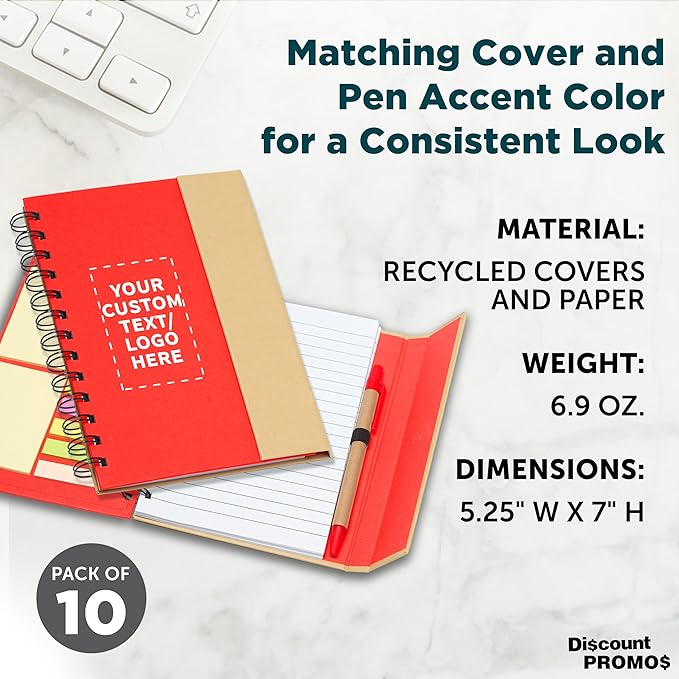 DISCOUNT PROMOS Custom Eco Friendly Spiral Notebooks with Pens Set of 10, Personalized Bulk Pack - Perfect for School, Office, Home - Red