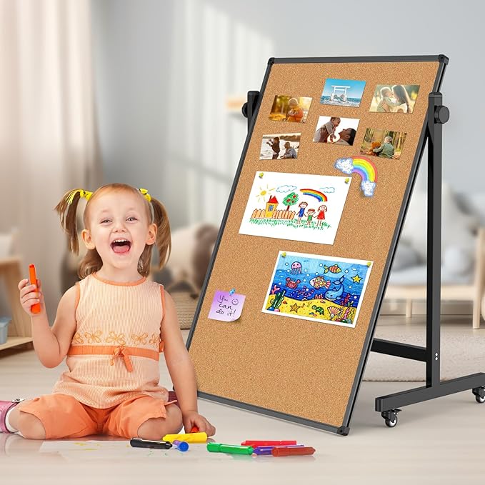 Double-Sided Corkboard Whiteboard, 32 x 48 Inches Dry Erase Board on Wheels, Height Adjustable, Portable Freestanding Board for Office, Planning, and Presentations (Cork & Black)