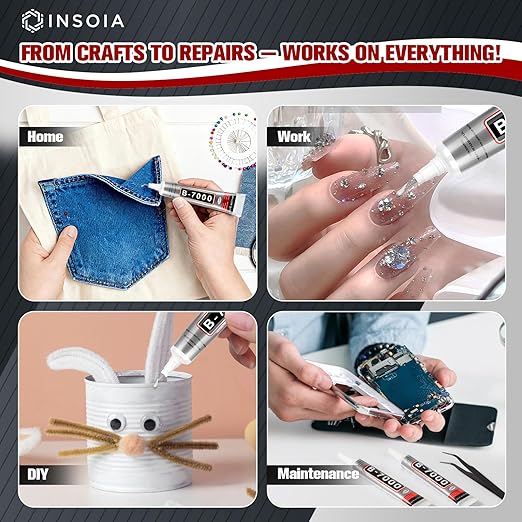 B7000 Rhinestone Glue Clear 16 PCS 15ml – Strong Transparent No Trace Jewelry Glue with Precision Tip, Quick Dry Multi-Purpose Adhesive for Making Nail Makeup Fabric Shoes Craft Phone Repair