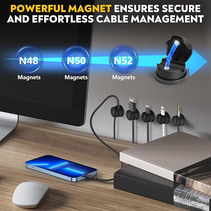 VieHome 8 Pack Magnetic Cable Management Clips - Ideal Cord Holder for Nightstand, Desk, Charger Holder - Phone Cord Holder w/360 Rotation