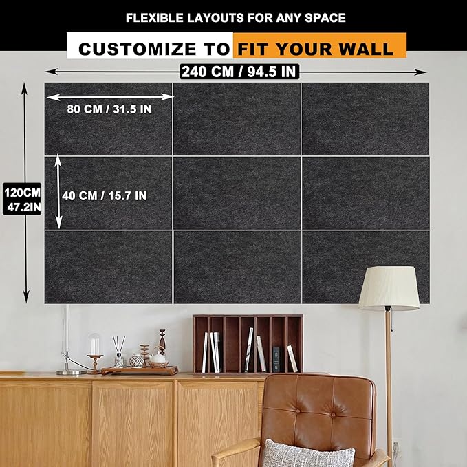 9 Pack Large Cork Board Bulletin Board for Wall 95x47in Self Adhesive Bulletin Board Felt Board for Office School Home Decorative Wall Decor(Size:Each 80x40cm/31.5x15.7 in,Color:Black)
