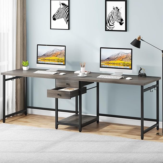 Tribesigns 79 Inch Extra Long Desk, Two Person Desk with 2 Drawers, Double Computer Table with Storage Shelves, Writing Table for Home Office, Grey