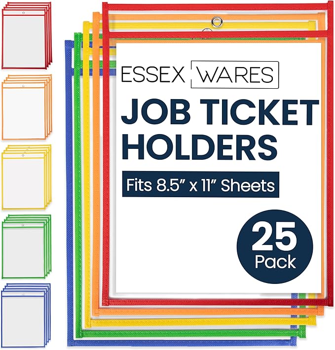 Essex Wares - 25 Pack, Assorted, Job Ticket Holders, 10" Wide x 13.5" Tall - Clear Plastic Shop Ticket Holders - Easy to Use, Reusable & Easy Erase Plastic Invoice Holders, Water-Resistant & Durable