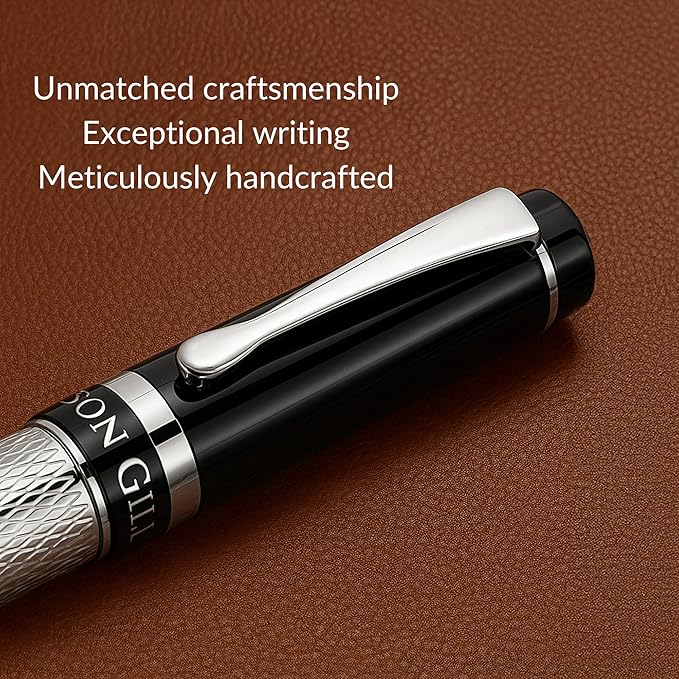 Webson Gill ‘The Raider’ Silver Luxury Executive Fountain Pen, Polished Lacquer & Chrome, Medium Nib, Smudge Free No Bleed, Use Any Fountain Ink w/Included Converter, Fits Cartridges sold separately