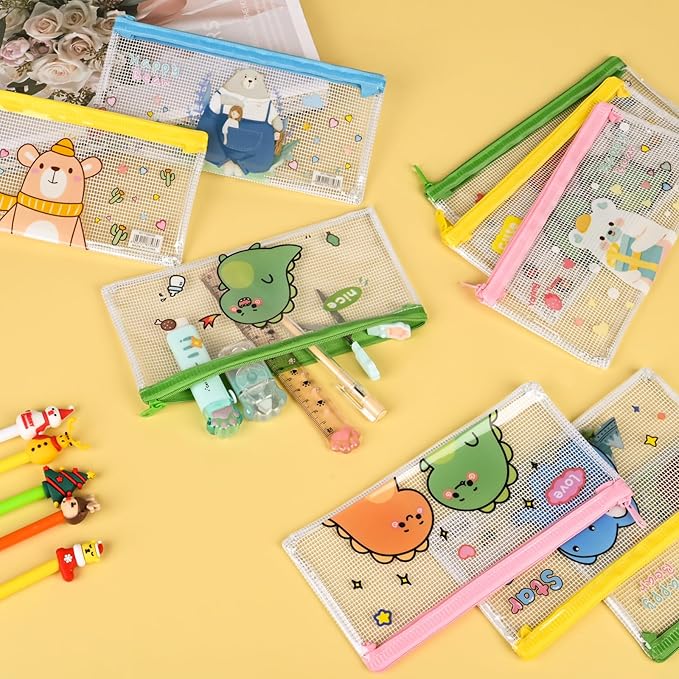 Ulema 36 Pcs Back to School Gifts Cartoon Mesh Pencil Pouch Bags Plastic Zipper Pouch 8×4 Inch for Classroom Organization School Office Supplies (36)