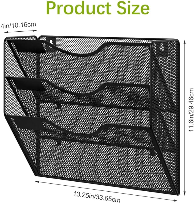 EasyPAG 3 Pocket Mesh Wall File Organizer, Hanging Paper Folder Holder with Classify Label, Vertical Wall Mount Mail Organizer for Office Home Classroom, Black