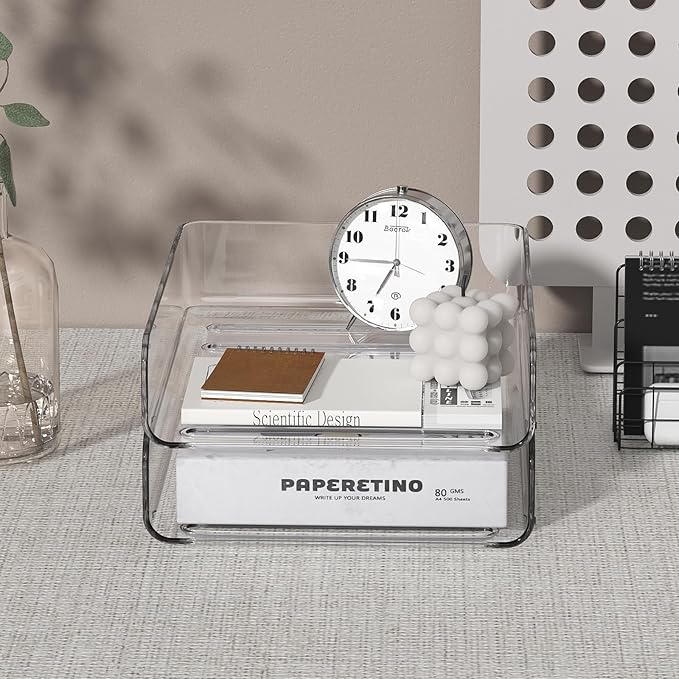 FANXIYQ 2-Tier Acrylic Paper Tray Organizer - Low-Profile Desk File Sorter for Office/Home, Clear Stackable Letter Tray for Bills, Crafts, Notebooks
