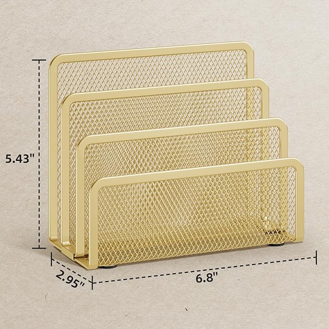 Marbrasse Mail Organizer for Desk, 3-Slot Mesh Metal Mail Holder countertop, Letter Holder, Office Desktop Envelope and Document Storage Rack (Gold)