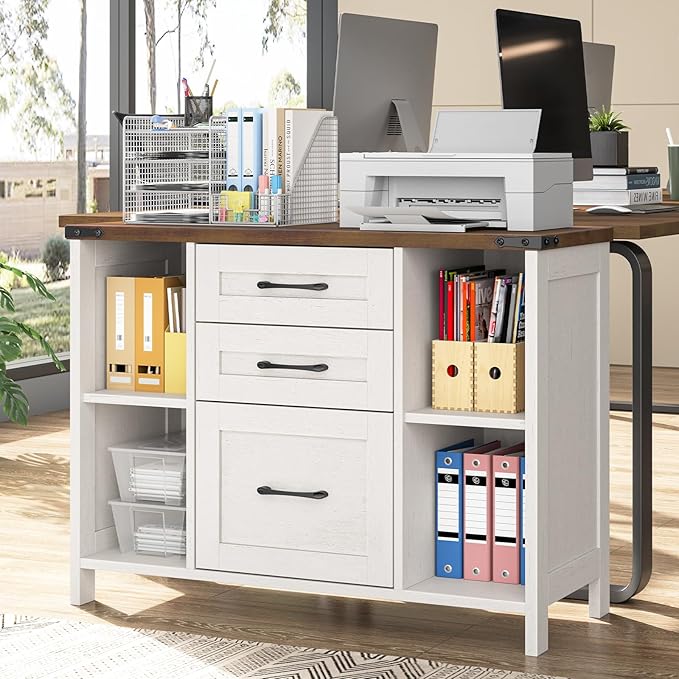 Vabches File Cabinet with 3 Drawers, Farmhouse Lateral File Cabinet Fits Files Letter/A4 Size, Wooden Filing Cabinet with Adjustable Shelves Printer Stand for Home Office, White