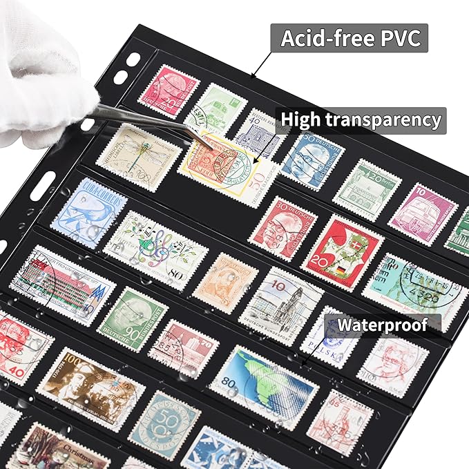 10 Sheets 20 Pages Postage Stamp Album Pages, 7 Pockets 7.7X 1.35in Stamp Collection Inserts, 9 Hole Standard Stamp Collecting Album Sleeves for Stamp Collection Binder IS010710
