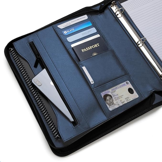 Forevermore Portfolios Padfolio Binder - Professional Faux Leather Travel Organizer Pouch for Tablet, Documents, Presentation Folders, Zipper Closure, Removable 3-Ring Notepad - Blue