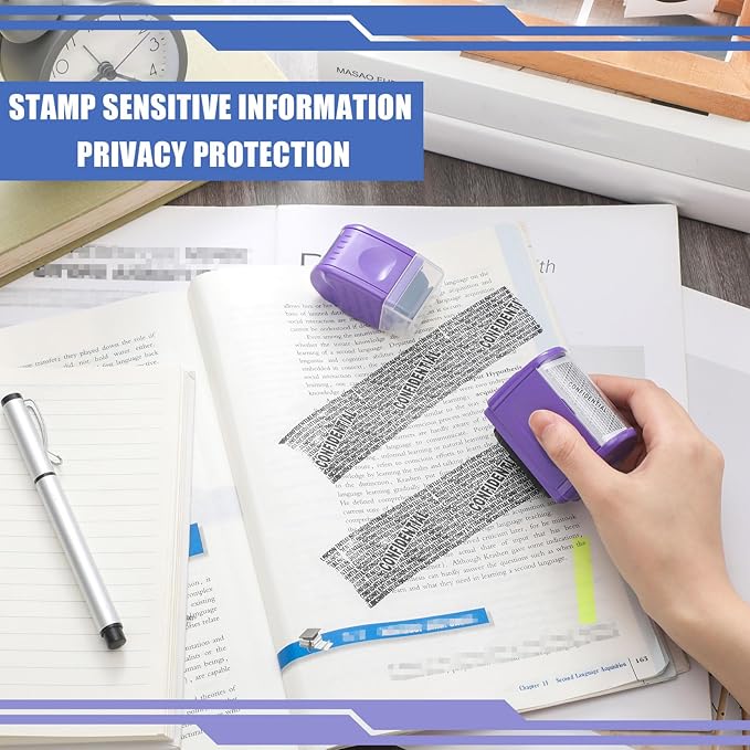 Nezyo 2 Pack Identity Protection Roller Stamp Identity Theft, Confidential, Privacy Roller Stamp Information Blocker and 4 Pack Refill Ink for ID Account Data Address Security(Purple)