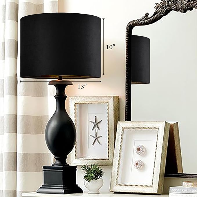 GO&SO Black Velvet Lamp Shades Set of 2 Medium Drum Lampshades -13" Top x 13" Bottom x 10" High(Spider) Traditional Fabric Lamp Shade for Table Lamps - Replacement Lampshade - Assembly Required