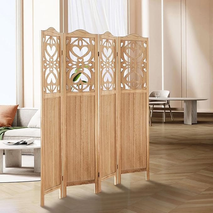 ALeesing 4 Panel Room Divider Fully Assembled, Carved Room Dividers and Folding Screens, 5.6Ft Wood Room Divider Screen Freestanding Partition Wall Dividers for Home Bedroom Office, Rustic Wood Color