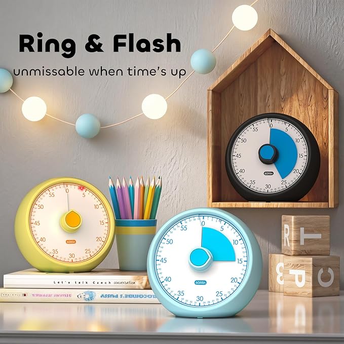 Visual Timer for Kids 60-Minute Countdown Timer with Optional Alarm, Focus Tool for ADHD & Autism, Time Management for Homework, Chores, Office, Kitchen, Teaching & Study Routines (Black Blue)