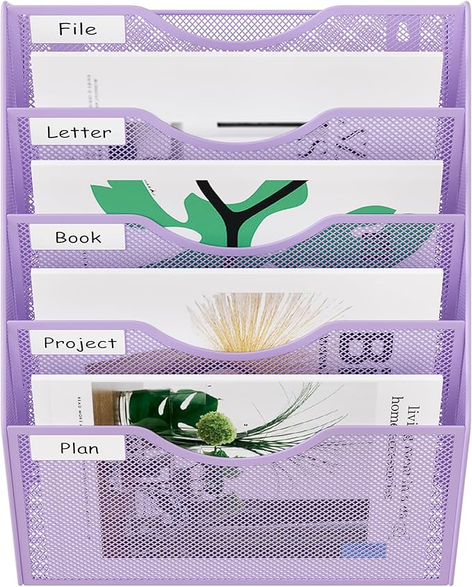 EasyPAG 5 Pocket Mesh Wall File Organizer, Hanging Paper Folder Holder with Classify Label, Vertical Wall Mount Mail Organizer for Office Home Classroom, Purple