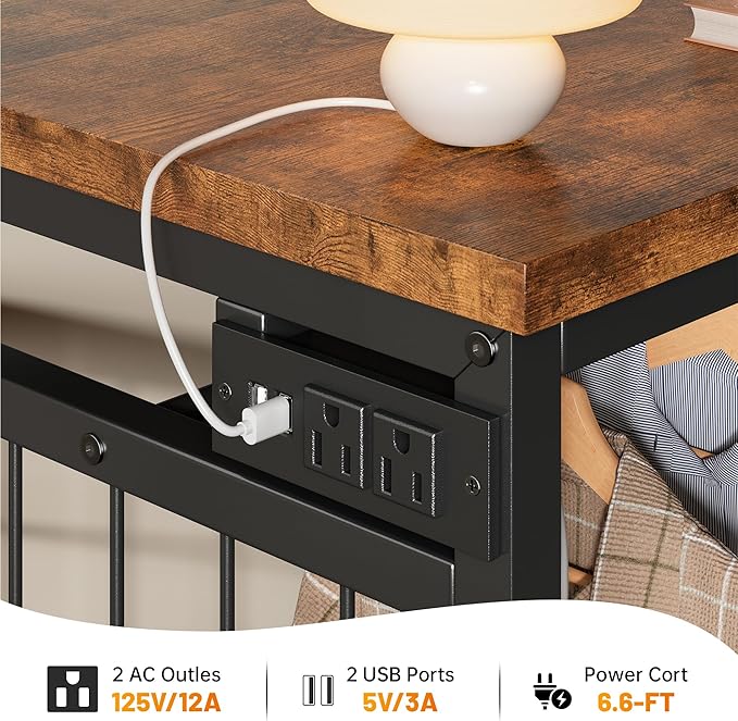 EnHomee 49.2" W Dresser with Hanging Rack & 6 Fabric Drawers – Wooden Top Organize Unit Featuring LED Lights, Charging Station & Grid Panel & Hooks for Bedroom, Rustic Brown
