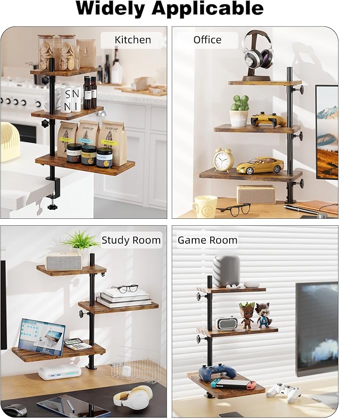 ART-GIFTREE 3 Tiers Clamp On Desk Shelf, 360¡ã Angle Adjustable Desktop Shelf Organizer for Home Office Gaming Room, No Drill Desk Extender Adapt to 0.4-2.16 inches Table Thick, Black Brown