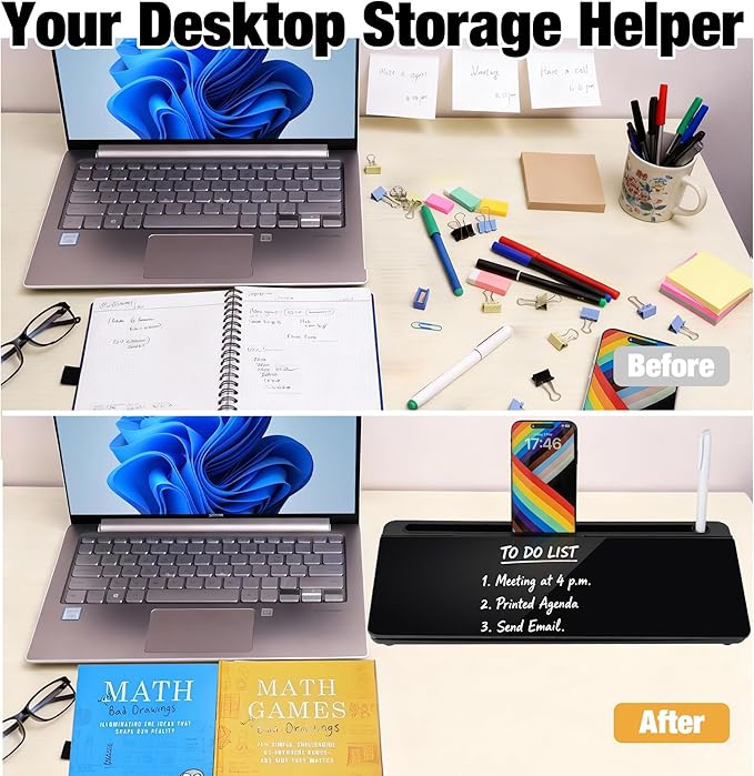 Glass Desktop Whiteboard 15.8×7”, Dry Erase Note Memo Board, Desk Organizer with Storage for Desk, Office, School Supplies, Black, 2026