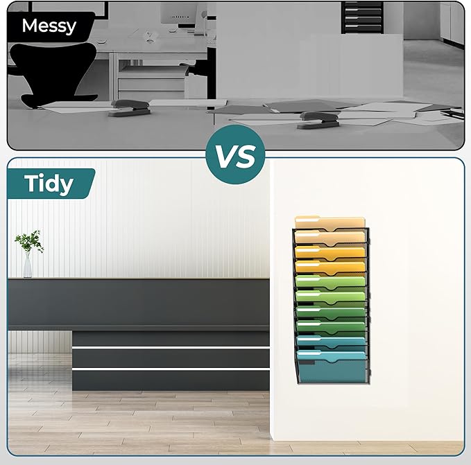SUPEASY Wall File Organizer Mesh Office Mail Holder, Hanging Wall Organizer Magazine Rack for Office Black, 10 Tier
