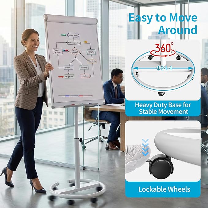 Mobile Dry Erase Board on Wheels 40 x 28 Inch-Magnetic Whiteboard Easel with Height Adjustable Stand - Rolling Presentation Board with Flipchart Paper Pad for Homeschool Teaching, Office, Workshops