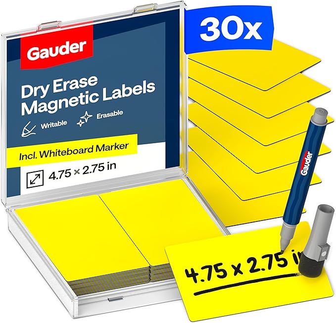 GAUDER Magnetic Dry Erase Labels | 30x Magnetic Labels (4,75 Inches x 2,75 Inches) | 30x Dry Erase Magnets for Classroom, Whiteboard and Blackboard