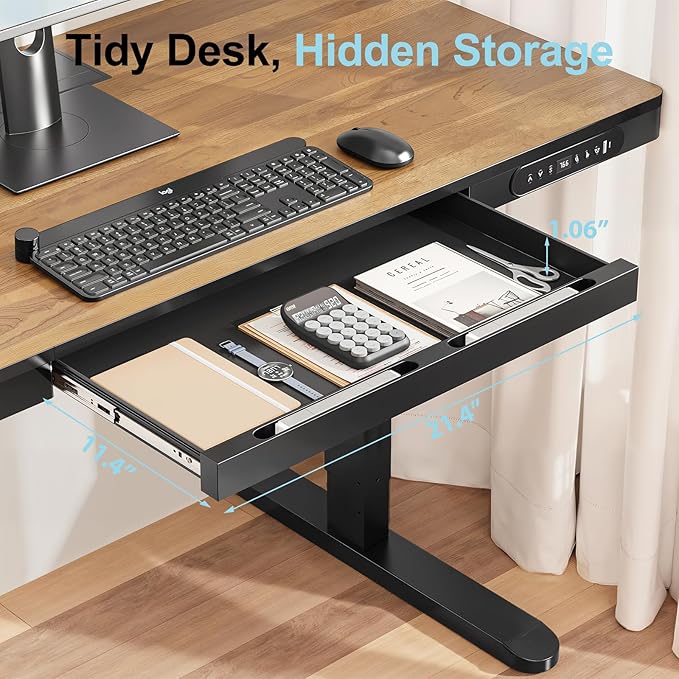 ERGO COLLECT Electric Standing Desk 48 Inch - One-Piece Desktop with Drawer, Cable Management, Wireless Charging & USB Port, Quiet Motor - for Home Office, Walnut