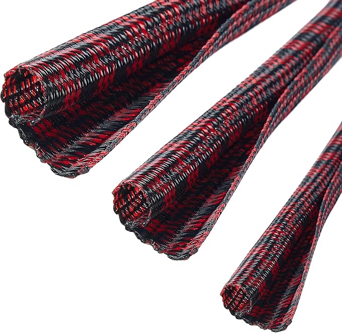 QCSIW Split Cable Sleeve, 25ft x 1 inch Black Red Braided Wire Loom for Home Cable Management, Pet Chew Protection and DIY Cord Organizer for Desk and Home Theater
