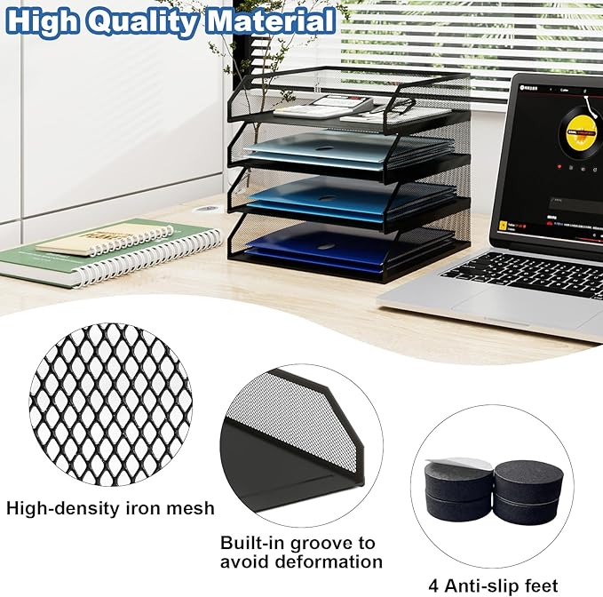 Natwind 4-Tier Stackable Paper Tray, Metal Mesh Desktop Organizer, A4 Paper Sorter, Letter Trays,File Folder Sorter Organizer with Sliding Tray for Home, Office, School (Black)