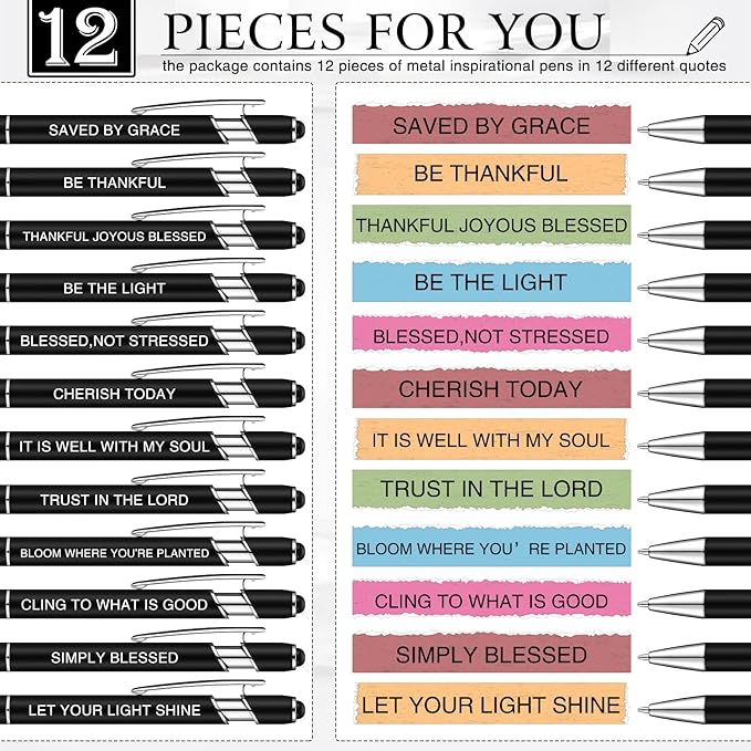 Zonon 12 Pcs Inspirational Pens Bulk Funny Ballpoint Pen with Stylus Tip Motivational Gifts for Valentine's Day Teacher Coworkers Nurse School Office Supplies(Black,Bible Style)