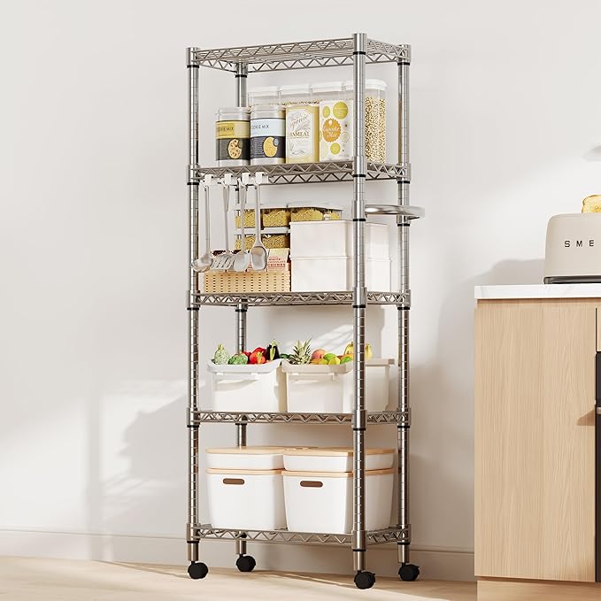 Metal Storage Shelves 5 Tier with Wheels, 1100 LBS Adjustable Wire Shelving Rack Shelves Units with Side Handle for Hanging, Rolling Shelf Organizer for Kitchen Garage, 11.8" W x 23.6" D x 61"H,Silver