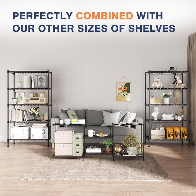 VANZBON 3-Tier Wire Shelf Rack,24" Dx14 Wx 30" H,Wire Metal Shelving with Lockable Wheels,Height Adjustable Storage Standing Shelves for Kitchen,Living Room,Laundry,Office,Pantry,Studio,Black