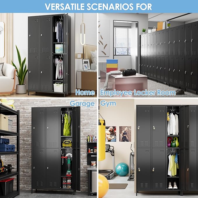 SUPEER 6 Doors Metal Locker for Employees with 18 Hooks and Business Card Holder,Metal Locker with Ventilation Holes for School Garage Office Gym Home,Assembly Required,Black