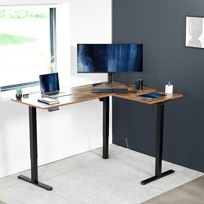 VIVO Electric Corner 63 x 47 inch L-Shaped Standing Desk, Memory Height Adjustment, Rustic Vintage Brown Top Black Frame, DESK-E3CTN-47
