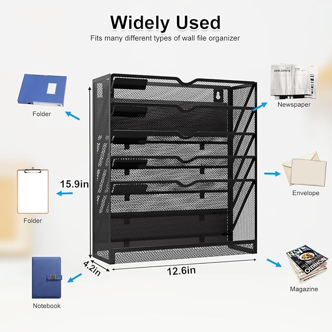 KZWKRG 6 Tier Magnetic File Holder, Large Capacity Mesh Hanging Wall Organizer Vertical Magnetic Hanging File Organizer, Magnetic File Folder Holder for File Cabinets, Office, Whiteboard (Black)