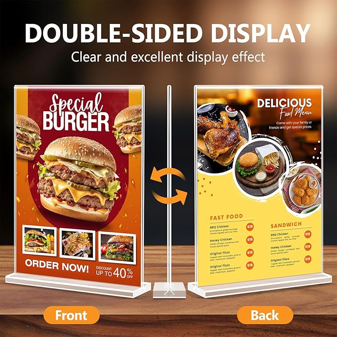 Enayplon Acrylic Sign Holder 8.5 x 11, Double Sided Sign Holder Stand, Plastic 6 Pack Table Paper Stand, Vertical Menu Flyer Stand, T Shape Table Flyer Holder