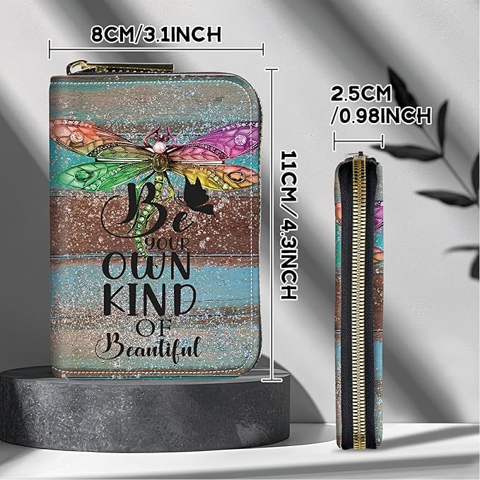 BWEGRHE Cute Credit Card Holder with Zipper, Dragonfly Glitter Wood RFID-Blocking Card Case Small Wallet for Women Men, Multi-slot Card Organizer Case Travel Accordion Wallet