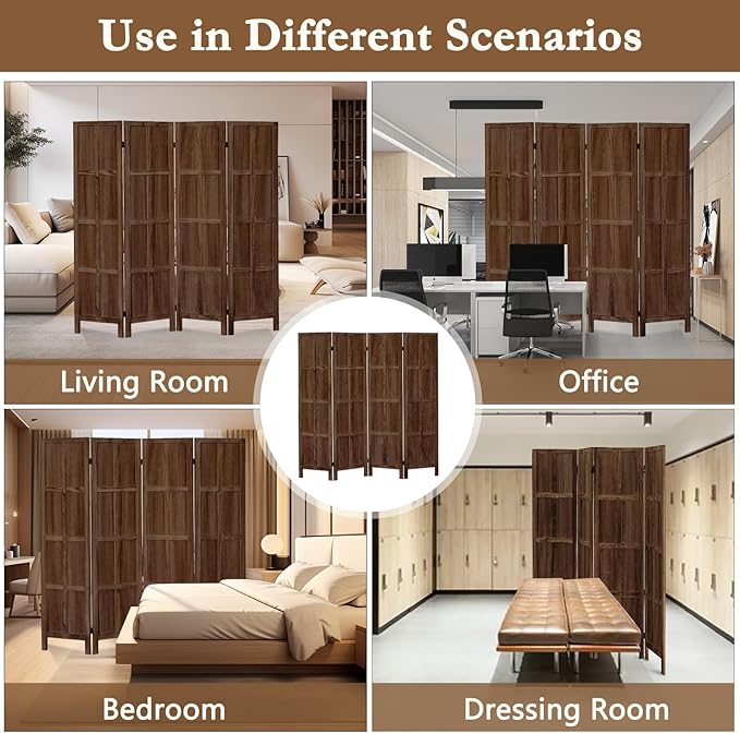 ALeesing 4 Panel Room Divider, 5.6Ft Wood Room Dividers and Folding Privacy Screens, Room Divider Wall Freestanding Room Partitions, Room Dividers Screen for Home Office Bedroom, Dark Brown