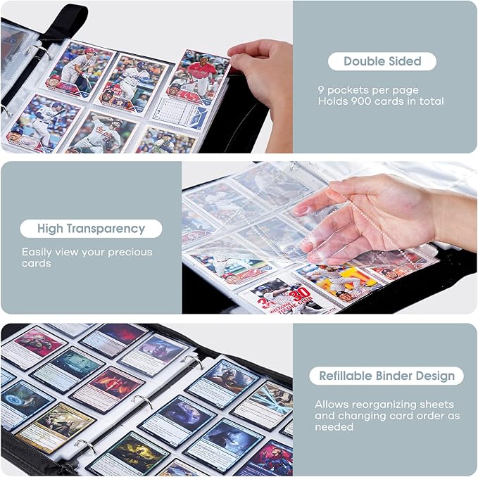 ProCase 900 Pockets Card Binder with Clear Window for Trading Cards, 9 Double Sided Pockets Cards Colletction Album Holder with Removable Sleeves for MTG, TCG, Sports Cards, Football Cards -Black