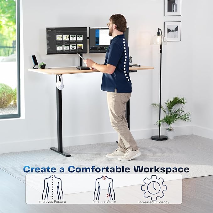 VIVO Electric 63 x 32 in Standing Desk, Memory Height Adjustment, 1B Series, Holds 220 lbs, Light Wood Top Black Frame, DESK-KIT-1B1C