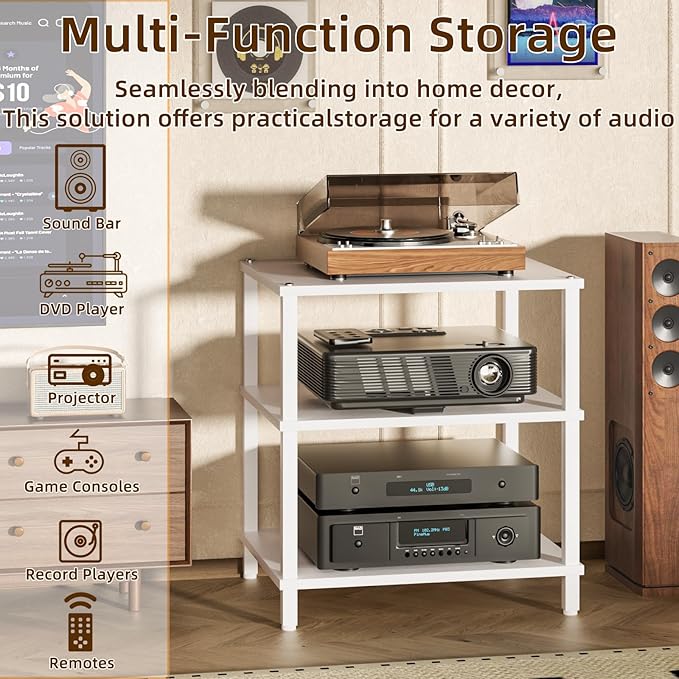 3-Tier AV Media Player Stand, white Stereo Cabinet, Modern Stereo Cabine,Game Console Shelf,Wooden TV Stand,Multifunctional Entertainment Center, Suitable for Home, Conference Room, Game Studio