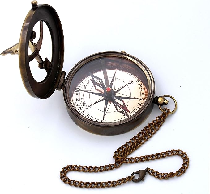 Captain's Brass Sundial Compass – Vintage Marine Nautical Compass, Functional Navigation Tool for Camping, Hiking, Outdoor Adventures, Collectible Gift for Men