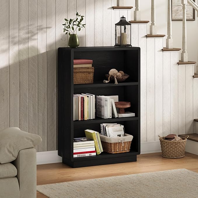 ChooChoo 3-Tier Bookcase, Wooden Bookshelf, Farmhouse Bookshelf with Open Storage, Tall Bookcase for Bedroom and Home Office, Black