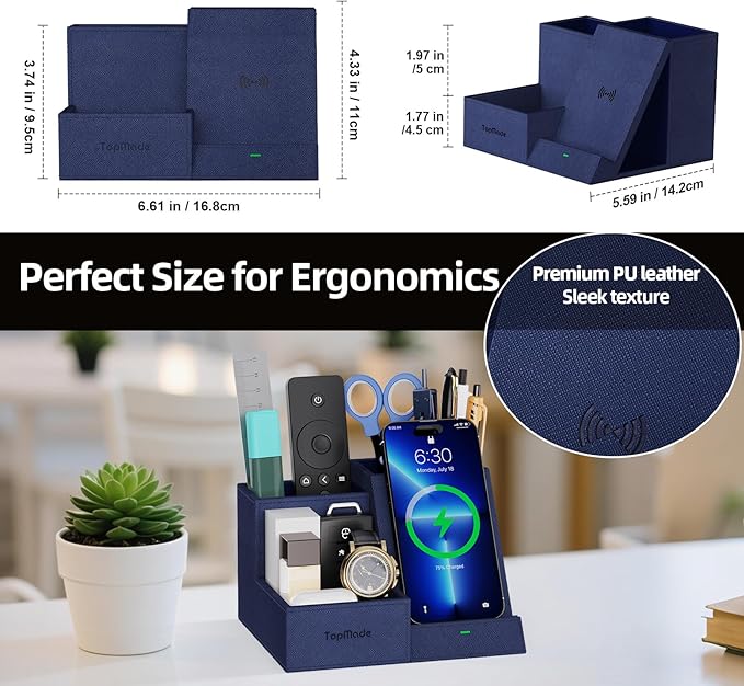 TopMade Wireless Charger with Desk Nightstand Organizer, Leather Pen Pencil Holder Bedside Fast Charging Station, for iphone Charging Stand Office Supplies Desk Accessories, Gifts for Men(Blue)